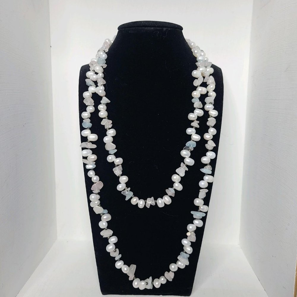 Pearls with Blue Pink and Clear Quartz Necklace, Beaded, 38", Natural Beads